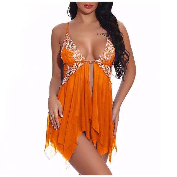 Lingerie for Women Sexy Cheeky Christmas Sleepwear V Neck Mesh Transparent Teddy Lingerie with Thong Boudoir Outfits Blue Lingerie for Women, Z1219c-orange