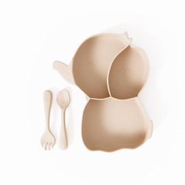 Muqee Peeko Baby Plates with Suction Baby Spoons and Kid Forks in a Toddler Dinnerware Set in Beige Color made with Baby Safe Silicone Baby Feeding Set - (3 Piece Set)