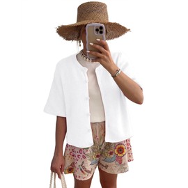 LOMON Womens Spring Summer Short Sleeve Cardigan Sweaters Trendy Crew Neck Button Down Lightweight Knit Outfit Y2k Clothes (White, M)