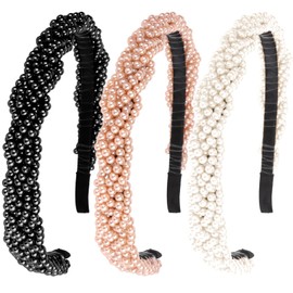 Wecoe 3pcs Pearl Braided Headbands(Black, Coffee, White)