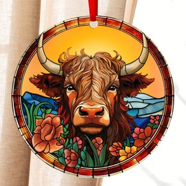 Acrylic Highland Cow Christmas Ornaments, Farmhouse Christmas Decor, Western Farm Decor Gifts for Family, Mom, Dad, Friends, Cow Farmers, Hanging on Holiday Decorations (Suncatcher)