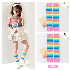 ZGKULAEAOW Children's High Socks, Set of 2, Rainbow Colors, Children, Girls, Socks, Border, Striped, Colorful, Sports Day, Pink x 2 pairs