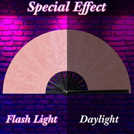 Ripeng 13" Glitter Large Rave Hand Fan Folding Clack Rave Fan for Women with Leg Strap and Fabric Case Bag for Dance, Edm(Pink)