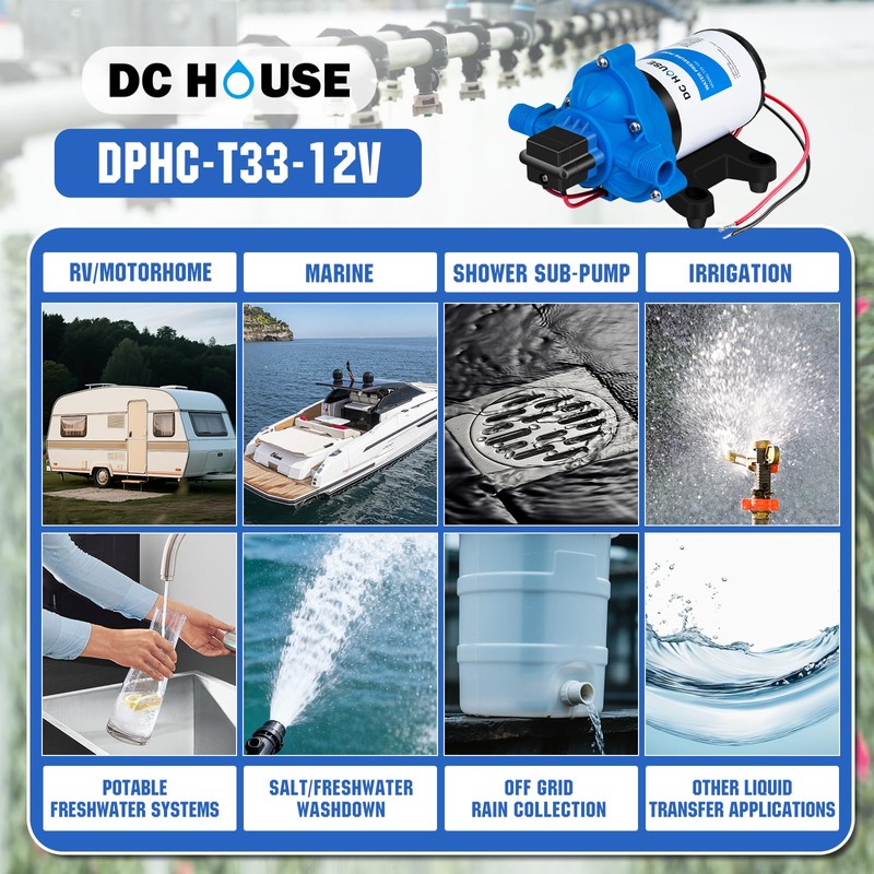 DC HOUSE 12V RV Water Diaphragm Pump Quiet Replacement, 3.5GPM