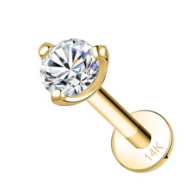 SYLWIA 14K Real Gold Lip Rings Stud, 16g Internally Thread Ashley Piercing Lip Jewelry, Moissanite - 2.5mm 3mm, 18g Nose Conch Helix Tragus Labret Stud for Women Men (2.5mm/8mm/18g)