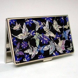 Mother of Pearl MOP Blue Butterfly Business Credit Name Id Card Holder Case Metal Stainless Steel Engraved Slim Purse Pocket Money Wallet