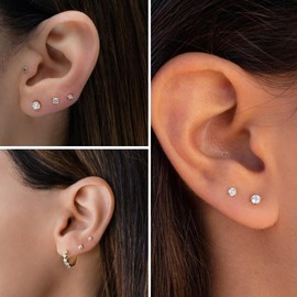 Halora 3 Pairs of Earrings Gold/Silver Stud Women's Stud Earrings Gold Small Set Zirconia Golden Earrings for Multiple Ear Holes Gold Silver Earrings for Women, Bronze, Cubic Zirconia