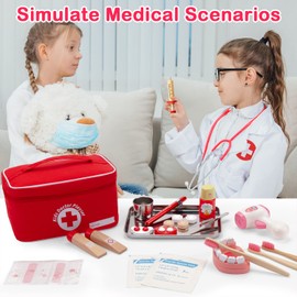 Sundaymot Role Play Kids Doctors Set, Doctors Case Children's Wooden Play Set, Dentist Wood with Real Stethoscope, Thermometer, Dental Case, Red Role Play Medical Toy Gift for Girls Boys 3 4 5 Years