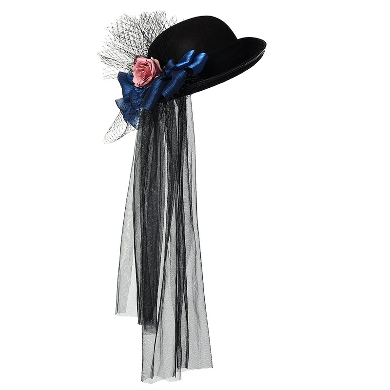 COSDREAMER Women Victorian Dome Hat Long Lace Rose Flower Black