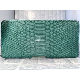 GUODI HL-10042 Long Wallet, Round Zipper, Garcon-Style, with Card Case, Genuine Leather, Women's, Men's, Snakeskin Wallet, Safe, Unisex, Unisex, cyprus green