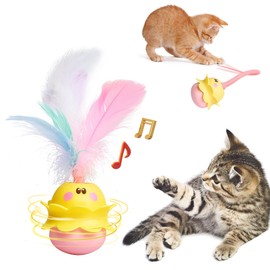 MAILCAT Cat Toys Monster, 2in1 Automatic Interactive Cat Toy for Indoor Cats Kitten Exercise, Real Feathers, Silicone Tail, LED Lighting, Mice Squeak Chirping, Type-C Rechargeable - YP