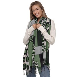 Glamexx24 Women's XXL Scarf Cuddly Warm Leopard Pattern 3 Coloured Fringe Poncho Scarf Oversized Blanket Scarf, Green, Black, Grey