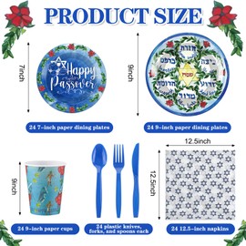 FillTouch FillTouch 168 Pcs Passover Party Goods Supplies for 24 Guests, Include Paper Plates Cups Napkins Classic Style Plastic Knives Forks Spoons Seder Tableware Set for Passover Family Party