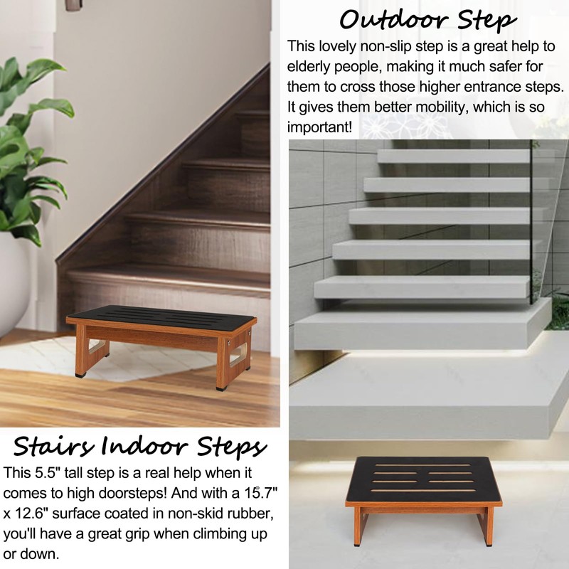 Wooden Step Stool with Non-Slip Rubber Feet Step, Heavy Duty