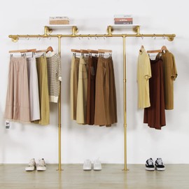 WJJAYY Gold pipe clothing rack for Hanging Clothes rack,Wall Mounted Clothes Rack With 2 Shelves,Heavy Duty Gold Industrial Pipe Clothing,Retail Display Closet Storage Clothes Organizer