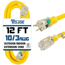YOJOE Indoor Outdoor Extension Cord with Lighted End, 3 Prong 15A Weatherproof Power Cord, 10 Gauge Heavy Duty 12 ft Yellow Extension Cord for Garage, Garden and Home, 10/3 SJTW UL Listed