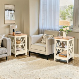 ALPHA HOME Side Table, Farmhouse End Table Set of 2, Bedside Table 3-Tier Storage Shelf for Small Spaces, Sofa Couch Table, Coffee Table, Nightstands Set for Living Room, Bed Room, Ivory