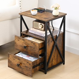 Livofloral LED Nightstands Set 2, Night Stand with Charging Station, End Table Set 2 with Storage, Side Table with USB Ports and Outlets, Bedside Table with Wood Drawer for Bedroom, Brown