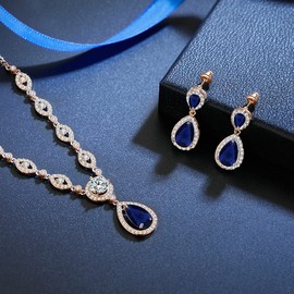 wynn's Wedding Jewellery Set for Women, Silver Necklace Dangle Earrings Set, Rose Gold Bridal Jewellery Set with Sapphire Blue AAAAA Cubic Zirconia, Allergy Free Jewellery Set for Bridal Bridesmaid
