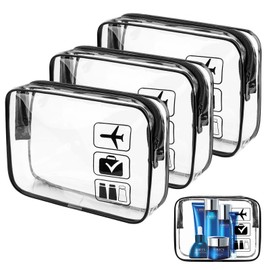 Transparent Cosmetic Bag, 3-Piece Travel Cosmetic Bag Set, Aeroplane PVC Cosmetic Bag, Waterproof Makeup Bag, Toiletry Bag, Transparent Travel for Men, Women, Children, Family, White, simple