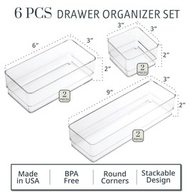 STORi SimpleSort Drawer Organizer Bins 6 pc Set, Multi-size, Bathroom Organizers and Storage, Makeup Organizer, Desk Organizer, Vanity Organizer, Clear Organizing Containers, Made in USA