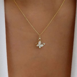 Atentuyi Boho Butterfly Pendant Necklace Gold Double Butterfly Necklace CZ Butterfly Opal Necklace Delicate Thin Chain Necklace Simple Necklace Jewellery for Women and Girls