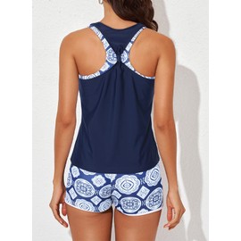 Aleumdr Womens Tankini Swimsuits Athletic Three Piece Tummy Control Bathing Suits with Shorts Modest Swimsuits for Women Blue Small