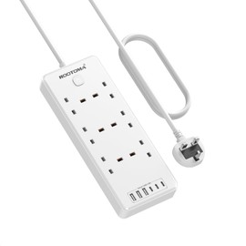 Extension Lead with 6 USB Slots (3 USB C), 6 Way Surge Protection Extension Sockets 2M with Switch, Wall Mounted Multi Plug Power Strip for Home Bedroom Kitchen Office, White