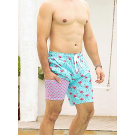 Uideazone Mens Board Shorts Pink Flamingo Swim Trunks With Compression Liner Boxer Brief Lined Summer Beach Swimwear With Phone Pocket S