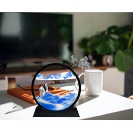 SANDCLE Moving Sand Art Picture - Sand Painting Liquid Motion, 3D Deep Sea Sandscape, Round Glass Frame Display Flowing Sand Relaxing Ocean Decor for Desktop Home Office Work (Blue, 7")