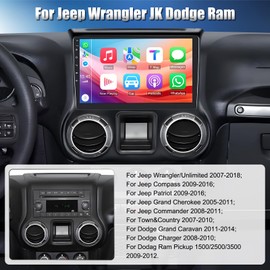 10'' Car Radio for Jeep Wrangler JK 2007-2018 Dodge Ram 1500 2500 2009 2010 2011 2012 Compass Grand Cherokee with CarPlay Android Auto, Touchscreen Head Unit GPS Bluetooth Backup Camera WiFi AM/FM SWC