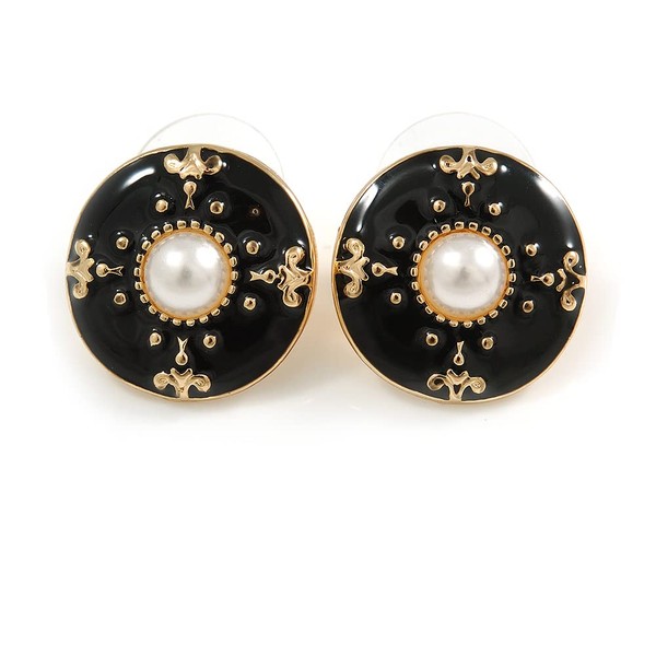 18mm Black Enamel Faux Pearl Button Stud Earrings In Gold