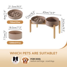 Havniva Ceramic Raised Slow Feeder Dog Bowl Set, Elevated 7.3inch Bowl and 8.2inch Slow Pet Food Dish with Wooden Stand for Medium and Large Dog (2 x Brown Coffee+ Stand)