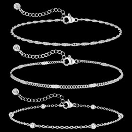 Ankle Bracelets for Women, 3PCS Silver Multi-layer Women's Anklets, Adjustable Boho Rhinestone Personality Beach Elegant French Anklet Bracelet Foot Chain Summer Jewelry Gifts for Women and Girls