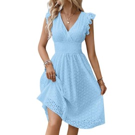 myzgx Women's Summer Sexy Eyelet Lace Embroidery Smocked Dress Flutter Sleeve A-Line Midi Long Beach Sundress (Small, Sky Blue)