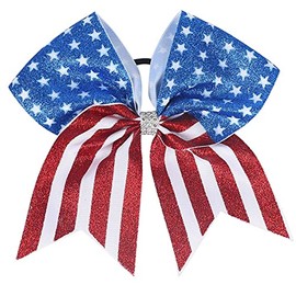 July Fourth Hair Bow, Red White Blue Hair Bow for Women Girls Glitter Large Cheer Hair Bow Hair Ties Patriotic Hair Band Ponytail Holder TSFQ04 (Cheer Bow 2)