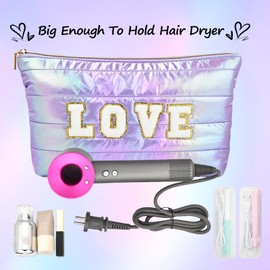 Hiroyuki Iridescent Quilted Makeup Bag, Extra Large Cosmetic Bag, Large Capacity Cute Makeup Pouch (LOVE, purple2)