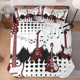 WeCozy Twin Size Comforter Set with Pillowcase, Guitar Rock Music 2 Pcs Bedding for Kids and Adults, Floral Musical Play Soft Comforter Set for Bedroom Bed Decor