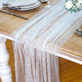 FLCSIed 10ft Sheer Table Runner, 30*120 Inches Sheer Chiffon Fabric Runner, Sequin Glitter Wedding Table Runner for Birthday, Party, Bridal Shower Decoration (Silver)
