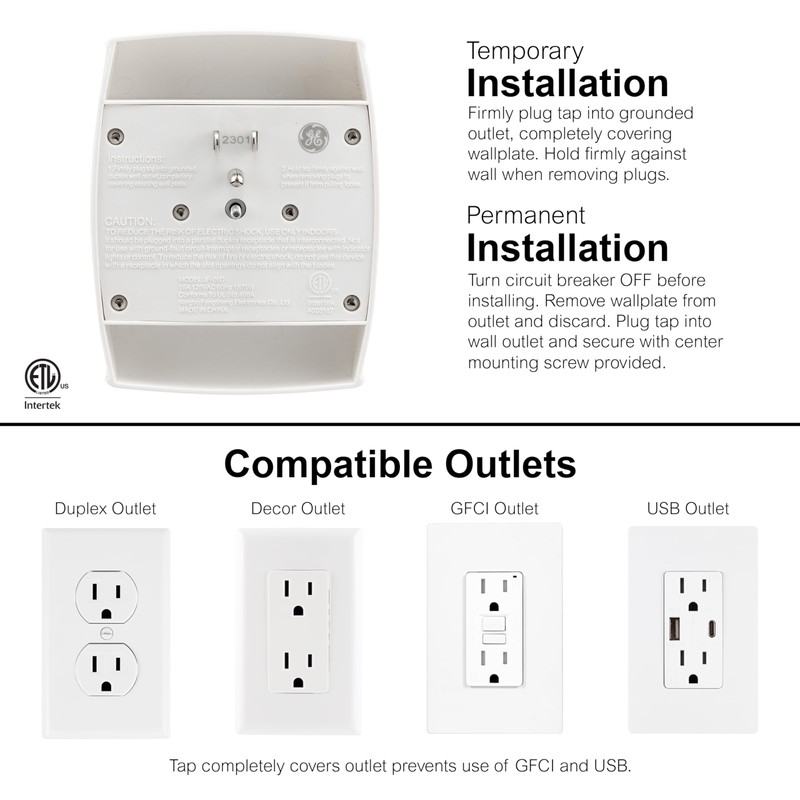 GE 6-Outlet Extender Wall Tap, Grounded Adapter, Outlet Splitter, Charging