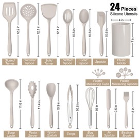 E-far Silicone Cooking Utensils Set, 24Pcs Heat Resistant Kitchen Utensil with Holder, Silicone Kitchen Tools with Spatula Turner Spoon Tongs Whisk, Non-Toxic & Dishwasher Safe (Khaki)