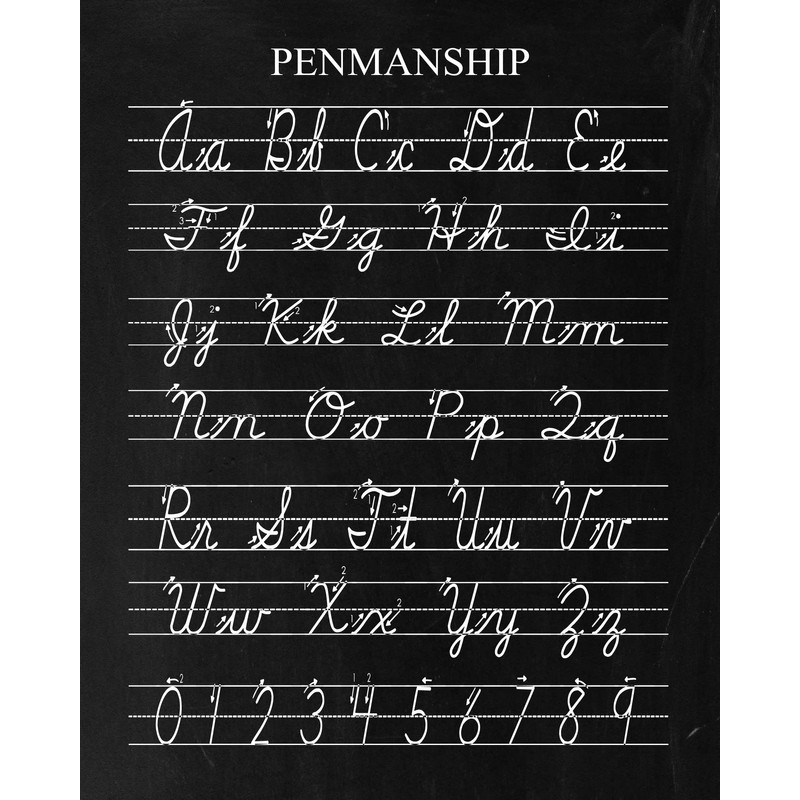 Vintage D'Nealian Penmanship Cursive Alphabet Distressed Black Chalkboard Unframed Print