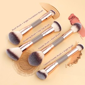 MAGEFY Makeup Brush Set 12Pcs Double Sided Make up Brushes Foundation Contour Blush Highlight Blending Eyeshadow Brushes, Vegan Makeup Brushes with Bag, Gold