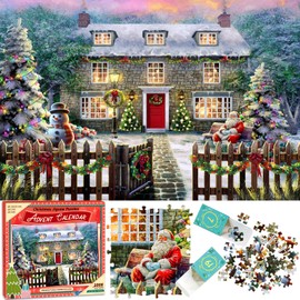 Advent Calendar Jigsaw Puzzle 2024 Christmas Puzzle 1008 Pieces, Christmas Cottage Jigsaw Countdown Calendar, 24 Days Puzzles Gifts for Adults and Kids, Home Decoration
