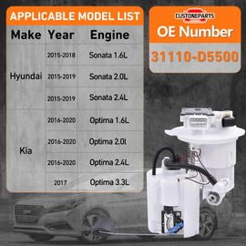 Electric Fuel Pump Assembly FIT 2015–2019 Sonata, 2016–2020 Optima, 2017 Cadenza 1.6L 2.0L 2.4L – Replace OE# 31110-D5500, 31110-C2500