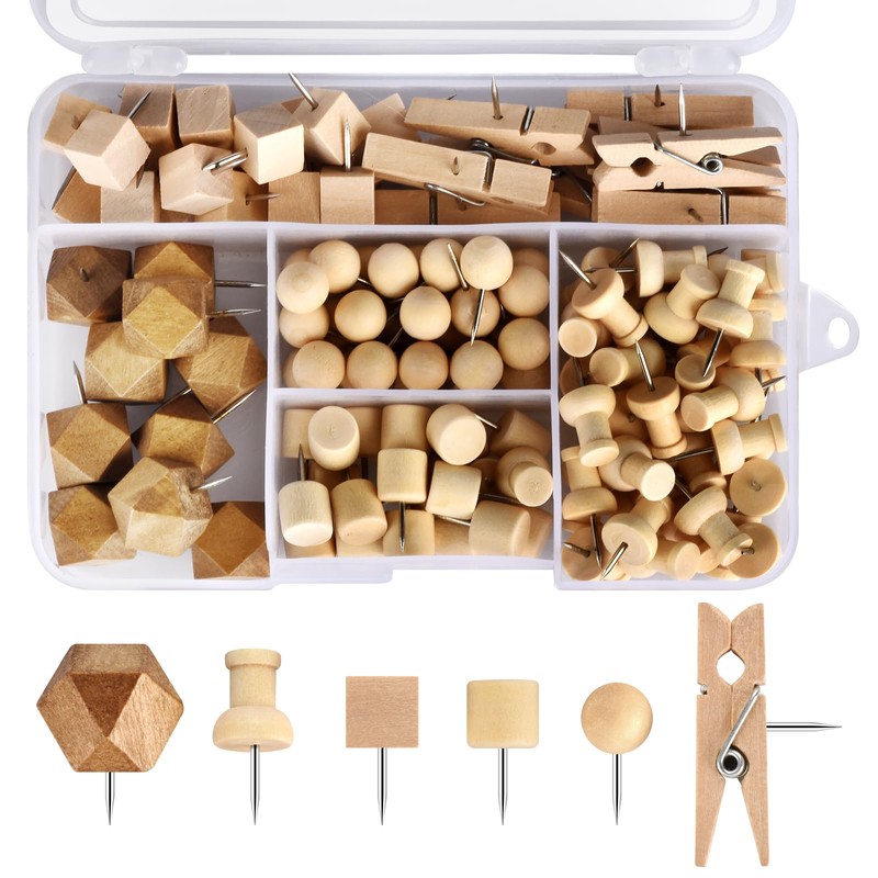 128Pcs Wood Push Pins, Thumb Tacks for Decorative, Wooden Pins