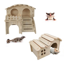 JOURINE 2 Packs Wooden House for Tiny Hamster Waterproof Design Chinchilla Playground Natural Wood Hideouts for Small Animals Like Dwarf Gerbil Mouse Mice Rat