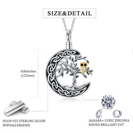 Flpruy Tree of Life Urn Necklaces for Ashes 925 Sterling Silver Celtic Knot Crescent with Owl Cremation Pendant Memory Jewelry for Women