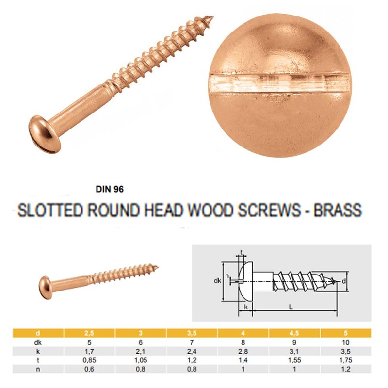 M3 x 25mm Brass Wood Slotted Screws Round Raised Head