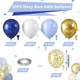 Navy Blue and Gold Balloons, Blue and White Gold Balloons, Macaron Blue Pearl Navy Blue Balloons, Gold Confetti Latex Balloons for Birthday Wedding Baby Shower Graduation Anniversary Engagement